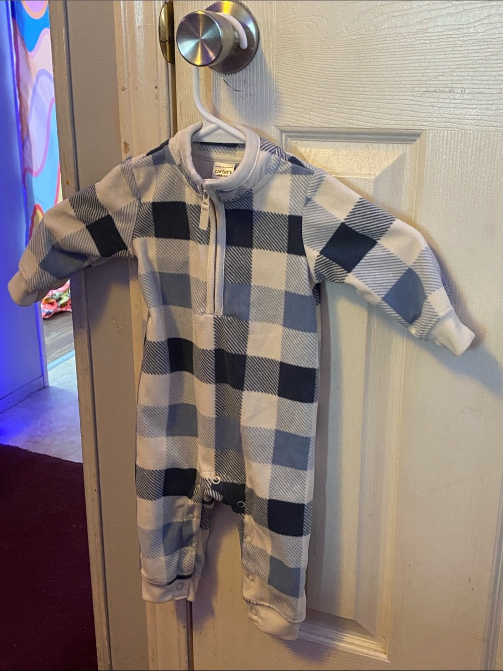Carter's Blue and White Plaid Fleece Footie One-Piece